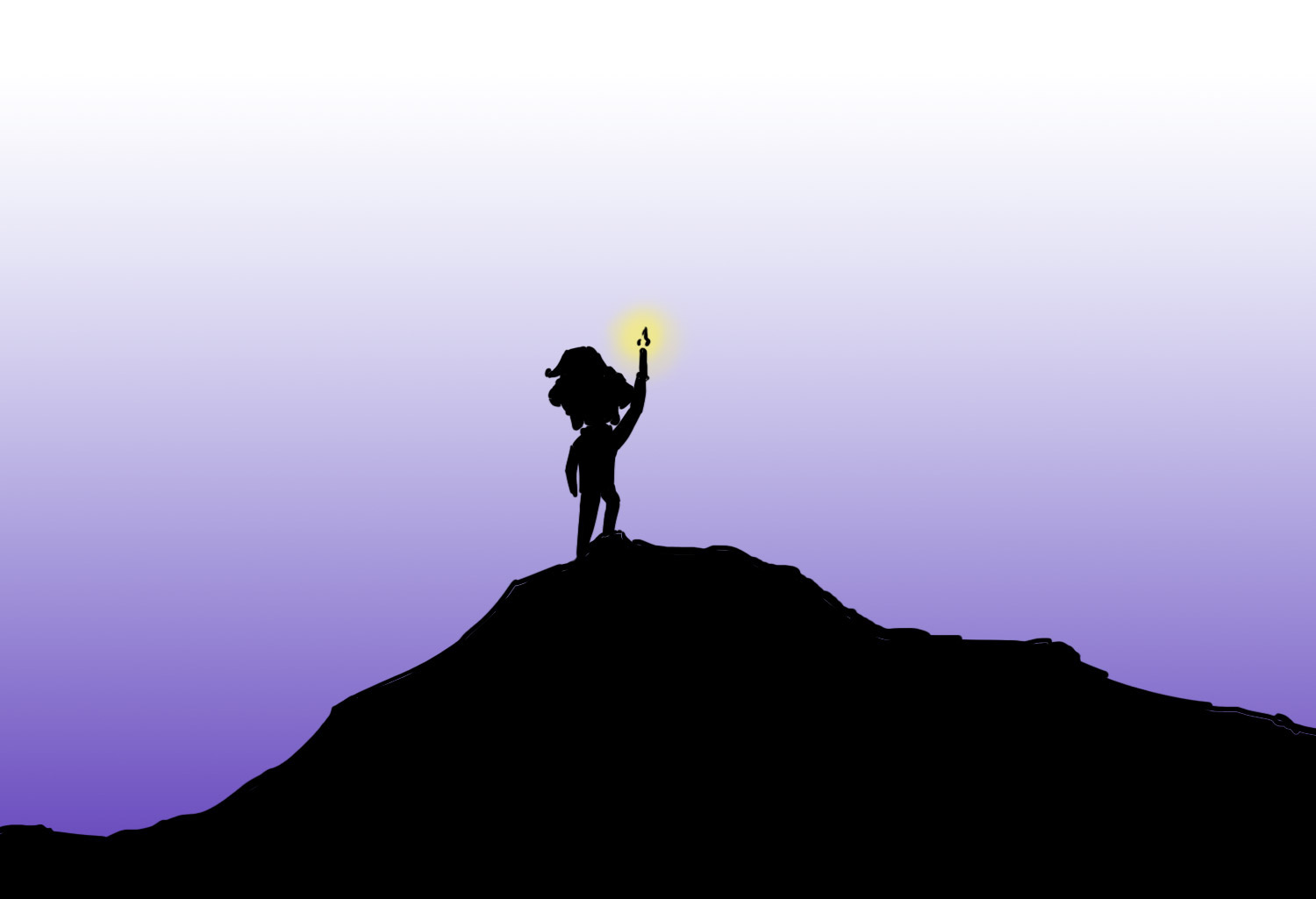 EvanBot silhouetted against the night sky, raising a torch